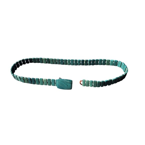 Vintage Belt Mid-Century Green Stone Rectangular Bead Chain Buckle Adjustable - Picture 1 of 6
